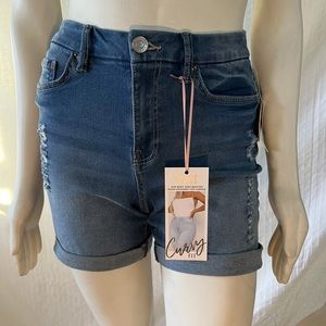 YMI Ultra High Rise Curvy Stretch Frayed Rollup Blue Denim Jean Shorts Size 7
